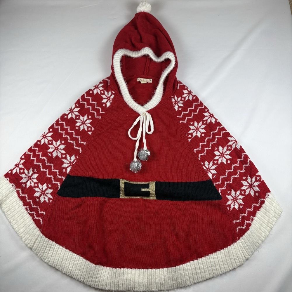 It's Our Time Santa Claus Knit Poncho Cape Small Red Snowflake Christmas Hood